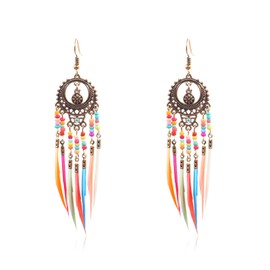 Set Bohemian Tassel Beaded Flower Drop Dangle Earrings Feather Ethnic Retro Boho Dangle Earring Beads for Women Jewelry for Gifts Vintage Rainbow Colorful-Round Gold