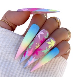Press on Nails Extra Long Almond Tips Artificial Acrylic Fake Nails with Colorful Maple Leaf Design Fall Full Cover Reusable Glossy False Nails DIY Stick on Nails for Women Glue on Nails for Nail Set