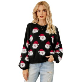 Lesmart Womens Ugly Christmas Sweater Funny Santa Funny Xmas Holiday Party Knitted Pullover Black M