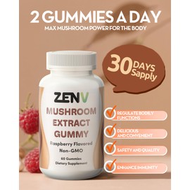 ZENV Premium Mushroom Extract Gummies - Raspberry Flavor, 60 Count (250mg Extract Blend per Serving), Non-GMO Dietary Supplement for Cognitive Support & Immune Health
