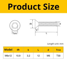 Valorada 20Pcs M6 x 12mm Bolts, M6 Countersunk Bolts, Torx Screws, 304 Stainless Steel, Flat Head Machine Screws with Torx Key