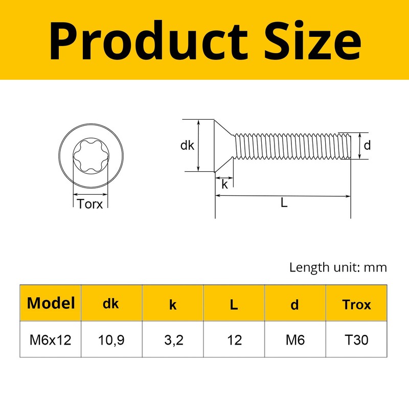 Valorada 20Pcs M6 x 12mm Bolts, M6 Countersunk Bolts, Torx