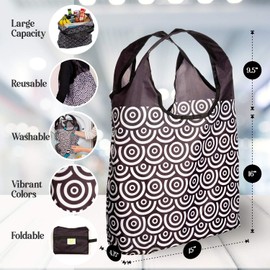 O-WITZ Reusable Grocery Bags | Vibrant Tote Bag For Groceries, Gym, Beach Gear & More | Washable With Large Handles For Maximum Convenience | Folds Into A Small Pouch, 5 Pack, Classic Black and White