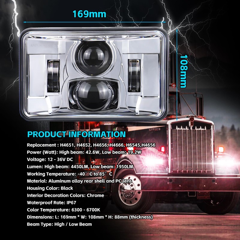 4x6 Inch LED Headlights Rectangular Light DOT Approved High/Low Beam