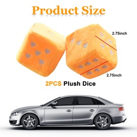 Ziciner Pair Fuzzy Plush Dice for Car Mirror, 3'' Retro Square Dice with Heart-Shape, Auto Rearview Mirror Hanging Ornament Decoration, Universal Car Accessories for Women (Yellow)