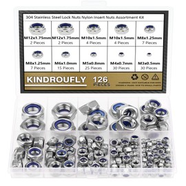 126 Pieces 304 Stainless Steel Lock Nuts, Kindroufly 7 Sizes Metric Locknuts, Nylon Insert Hex Lock Nuts Assortment Kit (M3, M4, M5, M6, M8, M10, M12)