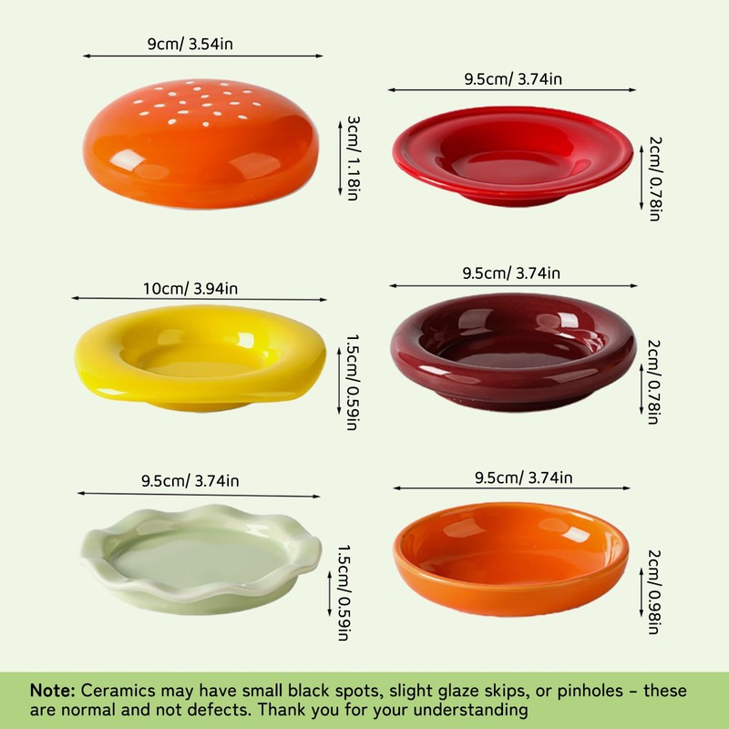 Ceramic Burger Plates Set 6, 3.9x3.3in,Stackable Dip Bowls, Hamburger-Shaped Sauce