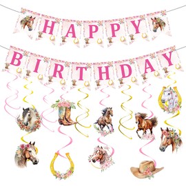 Horse Birthday Party Decorations Banner - 18 Pcs Western Party Decoration Including Happy Birthday Banners Garland Horse Racing Cowboy Hats Hanging Swirls for Last Rodeo Hen Supplies