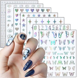 7 Sheets Silver Nail Art Stickers, Butterfly Heart Letters Numbers Stars Eyes Nail Self-Adhesive Sticker Design, 3D Geometry Nail Transfer Decals for Women Girls Manicure Charms Decorations