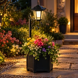 Solar Outdoor Lights with Flower Planter Box – Vintage LED Lantern with Auto On/Off and IP44 Weather Resistance for Garden, Patio and Yard