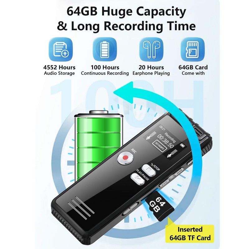 64GB Digital Voice Activated Recorder with Playback - 4552 Hours