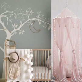 Bed Canopy with Lights Mosquito Net for Kids Round Dome Play Tent Curtain Bedding Round Tent for Bedroom Decoration with 10M Lights (Pink)