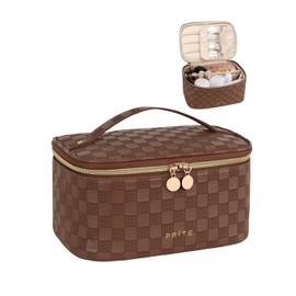 Prite Makeup Bag Portable Cosmetic Organizer with Brush Holder Waterproof Travel Toiletry Bag for Women with Handle and Divider (Checkered Brown)