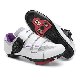 Womens Cycling Shoes Compatible with Peloton Bike Clip in Ladies Indoor Cycling Road Bike Riding Biking Shoes, Pre-Installed Delta Cleats Size 6 White Purple