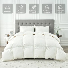 KUSNUG Goose Feather Down Comforter Queen Size, White All Season Fluffy Duvet Insert for Medium Warmth, 100% Egyptian Cotton Cover, Ultra-Soft 750 Fill-Power Luxurious Hotel Bedding Comforter(90"x90")