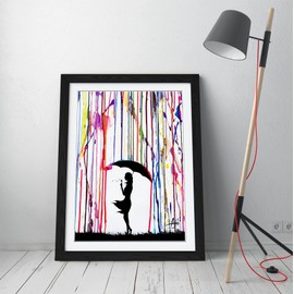 CanvasArtShop BANKSY UMBRELLA GIRL - PREMIUM WALL ART FRAMED PICTURE PRINTS - 3 COLOURS - 4 SIZES (A4, BLACK) for Living Room