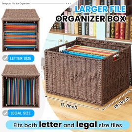 Extra Large Decorative File Box Wicker Seagrass File Basket Organizer for Letter & Legal Size Hand Woven Hanging Filing Cabinet with Lid for Home Office Decor(18 x 16 x 13 in,Paper Rope,Dark Brown)