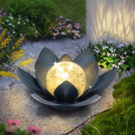 Huaxu Solar Lights Outdoor Garden Decor, Amber Crackle Glass Globe Lotus Flower, Waterproof Gray Metal Solar Light for Patio, Lawn, Walkway, Tabletop, Ground,Christmas Gifts for Mom,Women