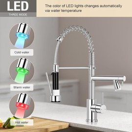 Qomolangma LED Kitchen Faucet with Pull Down Sprayer, Stainless Steel Single Handle Spring Kitchen Sink Faucets with Light, with Deck Plate, Chrome
