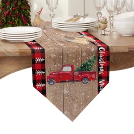 Christmas Table Runner Linen Burlap Dresser Scarves,Retro Red Truck and Christmas Tree Table Runners for Dinner Holiday Party, Christmas Eve, Kitchen Dining Decor Farmhouse Wood Grain 13x72in