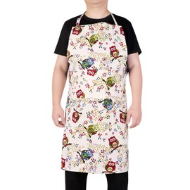 LOLOMLO Oversize Canvas Cotton Apron, Extra Large Aprons with 2 Pockets for Men & Women, Adjustable Neck with Long Strap Tear Resistant Plus Size Cooking, Gardening, Baking Aprons - Owl