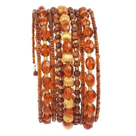 Touchstone New Excellently Handcrafted Fine Hand Cut Hessonite Color Glass Natural Wood Beads Blushing Boho Gypsy Funky Designer Jewelry Spiral Cuff Bracelets for Women in Antique Gold Tone.