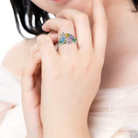 Uloveido Women White Gold Plated Flower Statement Rings with Purple Pink Crystals Angel Rings for Birthday Wedding Gift Size 9 RA543