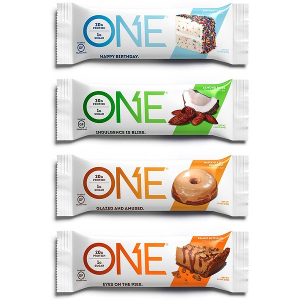 ONE Protein Bars, Best Sellers Variety Pack, Gluten Free 20g Protein and Only 1g Sugar, Birthday Cake, Almond Bliss, Maple Glazed Doughnut & Peanut Butter Pie, 2.12 oz (12 Pack)
