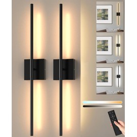 Battery Operated Wall Sconce Set of 2, 3000K-6000K Dimmable Rechargeable Wireless Wall Sconces with Remote Control, Black Wireless Wall Light with Timer Function for Bedroom Living Room, 28.3 Inch