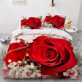 TULTOAP 3D Red Rose Printed Bedding Sets, Romantic Rose Flower Duvet Cover, Rose Bedding for Girls, Adults, Bedroom Decoration (Rose 1.135 x 200 cm)