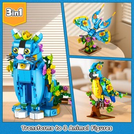PLAXSOON Flower Cat Building Set, 3 in 1 Floral Parrot Butterfly Animal Figure Building Toy for Home Office Art Decor, 412 PCS Building Block Gift for Adults Kids Boys Girls Ages 8 9 10 11 12+