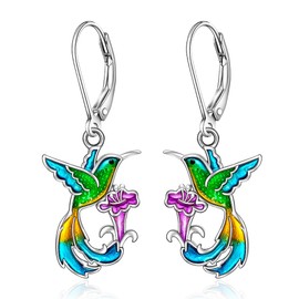 Hummingbird Earrings for Women Sterling Silver Purple Hummingbird Bird Earrings Dangle Green Blue Jewelry Flower Memorial Hummingbirds Gifts