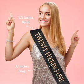 PartyForever Twenty Fucking One Sash – Black Glitter Sash with Rose Gold Letters & Luxe Pearl Pin | Funny 21st Birthday Sash for Her | Extra Long, Soft Back, Unfiltered Baddie Gift