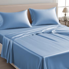 LINENWALAS Flat Sheet Only, Austrian Tencel Lyocell Silk Bedding, 300 Thread Count Premium Soft Cooling Eucalyptus Top Sheet (Bahamas Blue, Queen)