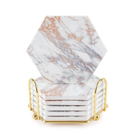 6 Pcs Marble Coasters for Drinks with Metal Holder Stand, Hexagon Drink Coasters for Wooden Table Absorbent with Cork Base, Gold Ceramic Cup Coaster Set Rustic Home Decor for Wine Coffee Cup Coasters