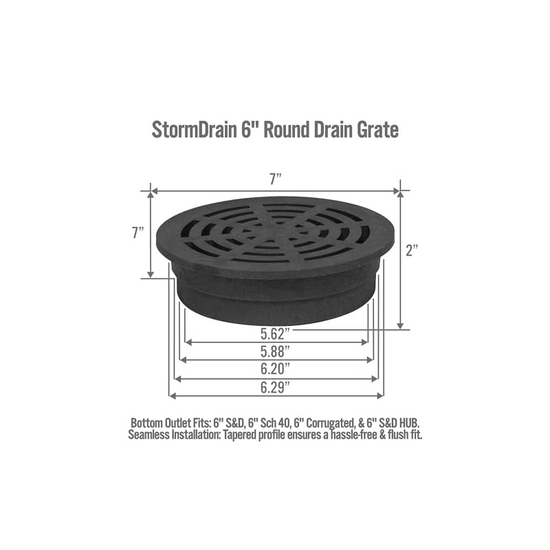 StormDrain 6" Outdoor Square Drain Grate Cover - Fits 6"