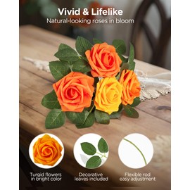 InnoGear Artificial Flowers, 50 Pcs Shades of Orange Foam Fake Roses Bulk with Stems for Decoration DIY Wedding Bouquets Centerpieces Bridal Shower Party Christmas Tree