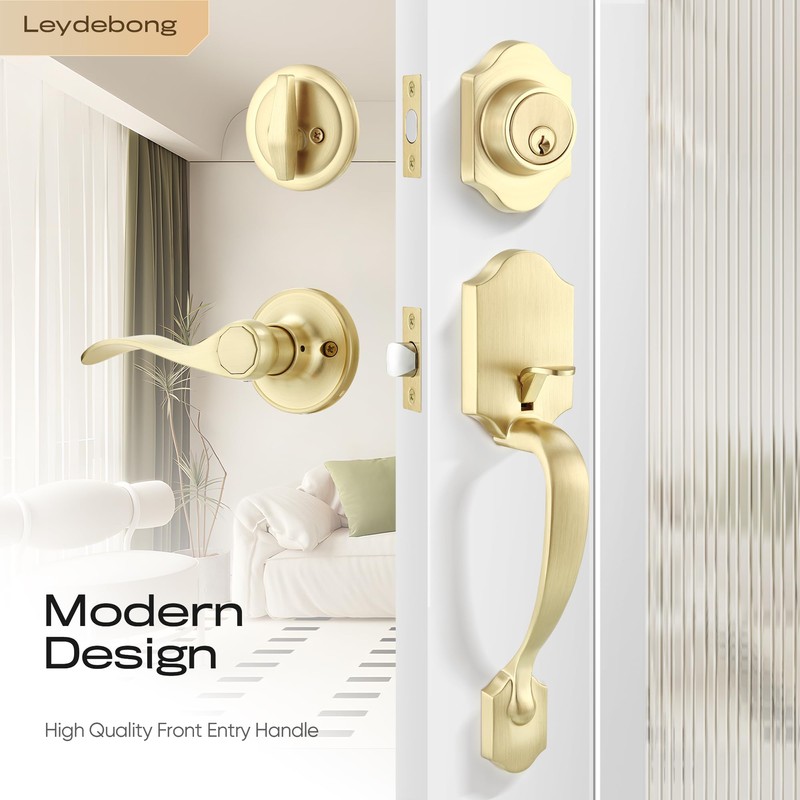 Leydebong Gold Front Door Handle and Deadbolt Set, Classic Front