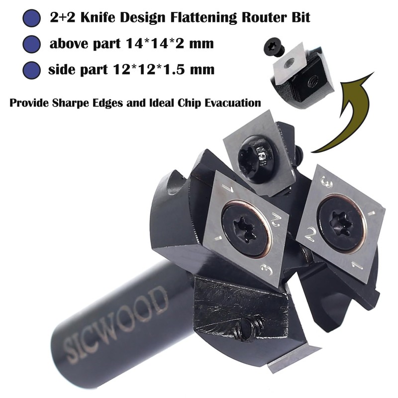 Slab Flattening Router Bits 1/2 Shank, 1-1/2”Cut Dia, 2+2 Insert