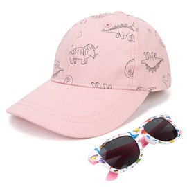 QKURT Dinosaur Baseball Cap and Sunglasses Set for Boys and Girls, Summer Sun Hat Trucker Cap, UV Protection Sunglasses Beach Wear for Kids 2-5 Years Old Pink