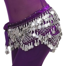 Leemiman Women Triangle Belly Dance Hip Belt with Gold Coins Dance Costume Wrap Skirts (Purple with Silver Coins)