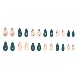 Medium Almond Press on Nails With Designs Green Leaf Nude Pink Flower Fake Nails Fall Press ons Acrylic Nails Winter Christmas False Glossy Full Cover Artificial Stick on Nails for Women Girls 24 Pcs