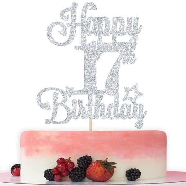 Decoración para tartas de feliz cumpleaños número 17, saludos a 17 años, Hello 17, 17 aniversario, decoración de fiesta de cumpleaños con purpurina plateada