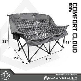 Black Sierra Oversized Plush Padded Camping Sofa, Portable Outdoor Loveseat Supports 500 Lbs, XL Foldup Couch w/Dual Cupholders and Carry Bag, Great for Beach, Camping, RV, Patio