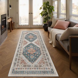 Restydon Runner Rug 2x6, Ultra-Thin Entryway Rug Non Slip Washable Rugs for Laundry Room, Runners for Hallways, Vintage Soft Rugs for Living Room, Kitchen, Bedroom(Blue/Red,2'x6')