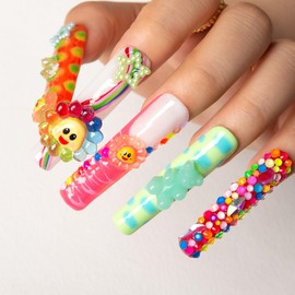 LOVFUL Handmade Press on Nails with Lovkashi Flower Design | Colorful Acrylic Stick On Nails | Reusable Full Cover Nails| Square Long 2.2 in | H65 (S)