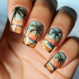 Summer Beach Press on Nails Short Square Fake Nail with Designs Coconut Tree False Nails Glossy Full Cover Stick on Nail Acrylic Artificial Glue on Nail for Women 24 Pcs