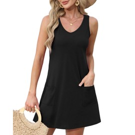 OFEEFAN Summer Dresses for Women 2025 Loose V Neck Sleeveless Casual Beach Sundresses Swing T Shirt Dresses Plain Black 2XL