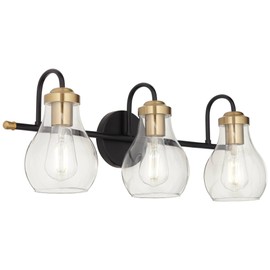 Possini Euro Design Brade Industrial Modern Wall Light Black Gold Hardwired 22 3/4" 3-Light Fixture Clear Glass Shades for Bedroom Bathroom Vanity Reading Living Room Hallway House Home Decor