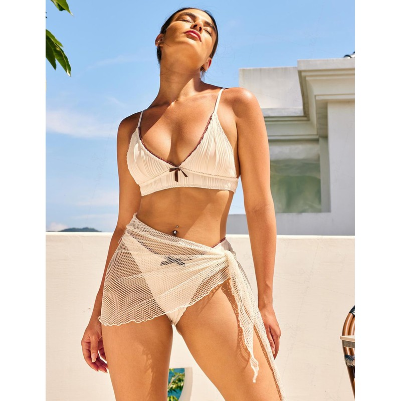 seamoly Trendy Bikini Set V Neck Ribbed Texture Lace Trim